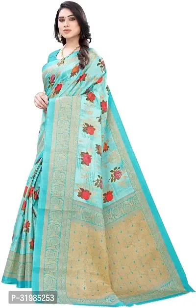 Stylish Turquoise Cotton Silk Saree With Blouse Piece For Women-thumb2