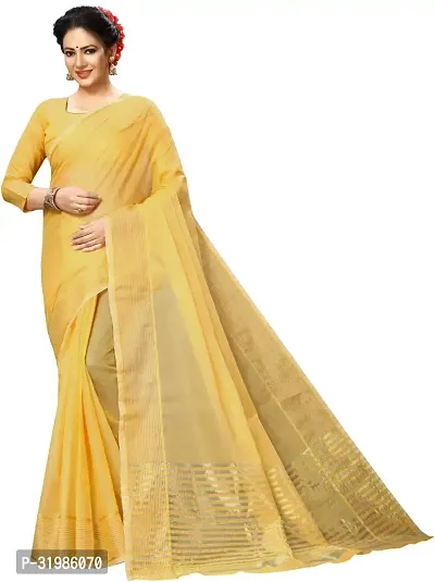 Stylish Yellow Cotton Silk Saree With Blouse Piece For Women-thumb0