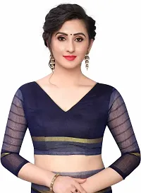 Stylish Navy Blue Cotton Silk Saree With Blouse Piece For Women-thumb3