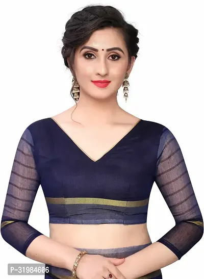 Stylish Navy Blue Cotton Silk Saree With Blouse Piece For Women-thumb4