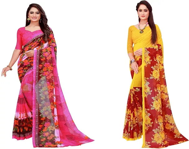 Stylish Fancy Georgette Saree With Blouse Piece Combo For Women Pack Of 2