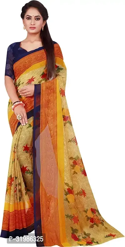 Stylish Yellow Georgette Saree With Blouse Piece For Women-thumb0