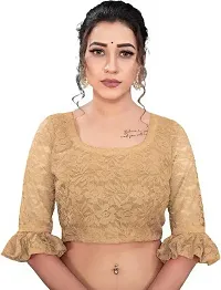 Stylish Beige Net Saree With Blouse Piece For Women-thumb4