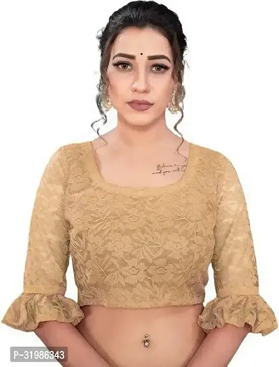 Stylish Beige Net Saree With Blouse Piece For Women-thumb5