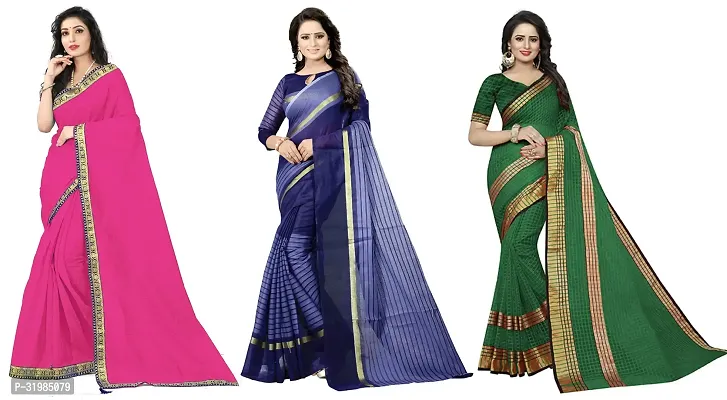 Stylish Multicoloured Cotton Silk Saree With Blouse Piece For Women Pack Of 3