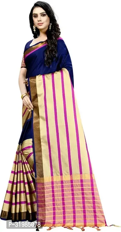 Stylish Navy Blue Cotton Silk Saree With Blouse Piece For Women-thumb3