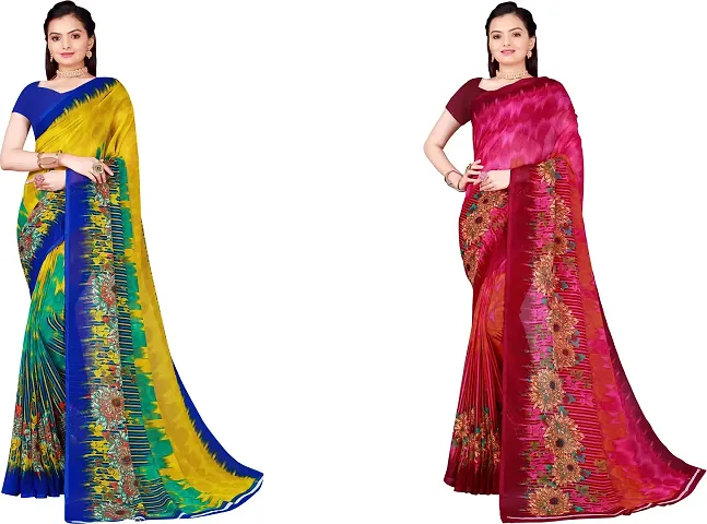 Stylish Fancy Georgette Saree With Blouse Piece Combo For Women Pack Of 2