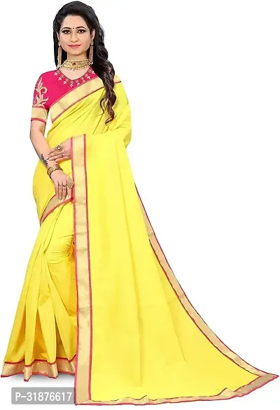 Stylish Yellow Cotton Silk Saree With Blouse Piece For Women-thumb0