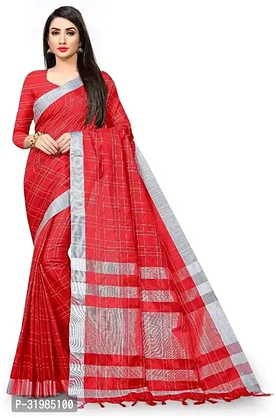 Stylish Red Cotton Silk Saree With Blouse Piece For Women-thumb0