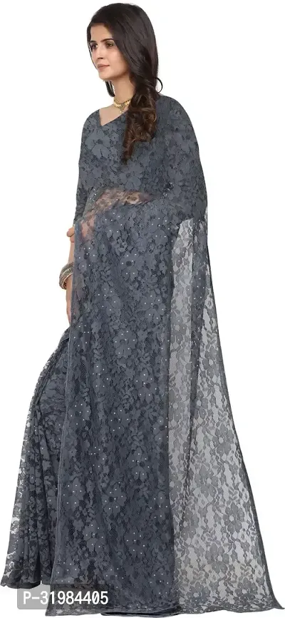 Stylish Grey Net Saree With Blouse Piece For Women-thumb3