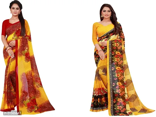 Stylish Georgette Yellow Printed Saree With Blouse Piece For Women Pack Of 2-thumb0