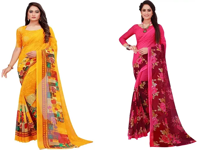 Stylish Fancy Georgette Saree With Blouse Piece Combo For Women Pack Of 2