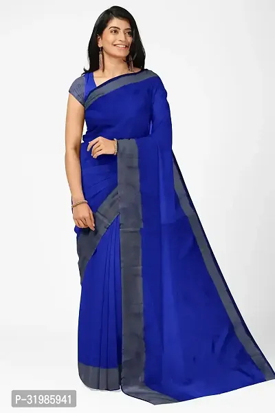 Stylish Blue Cotton Silk Saree With Blouse Piece For Women-thumb0