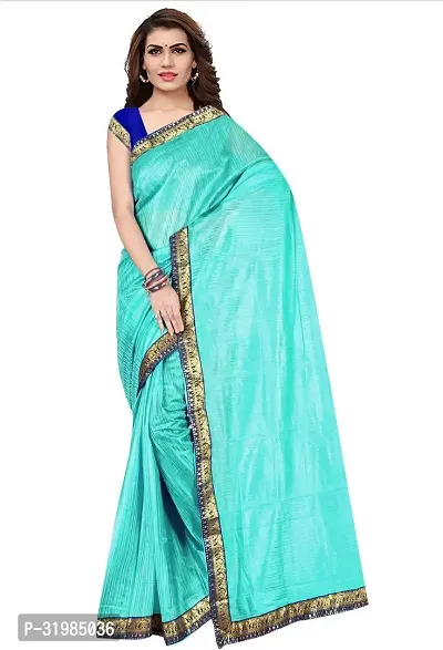 Stylish Turquoise Cotton Silk Saree With Blouse Piece For Women-thumb0