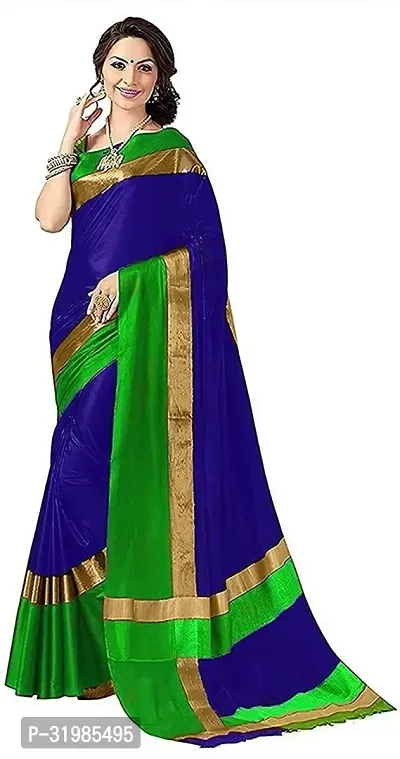 Stylish Blue Cotton Silk Saree With Blouse Piece For Women-thumb0