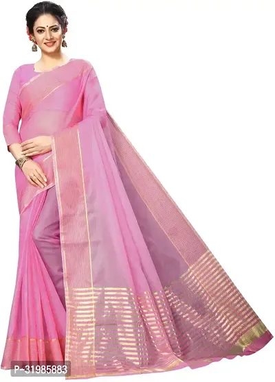 Stylish Pink Cotton Silk Saree With Blouse Piece For Women-thumb0