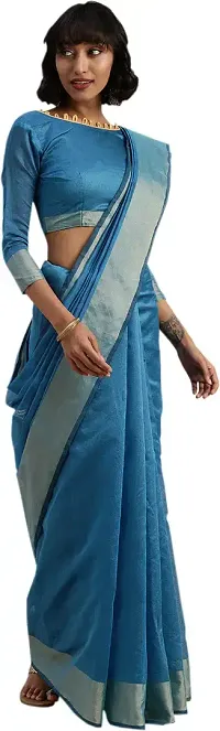 Stylish Blue Cotton Silk Saree With Blouse Piece For Women-thumb2