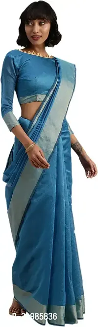 Stylish Blue Cotton Silk Saree With Blouse Piece For Women-thumb3