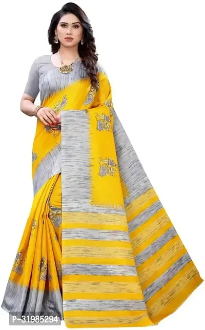 Stylish Yellow Cotton Silk Saree With Blouse Piece For Women-thumb0