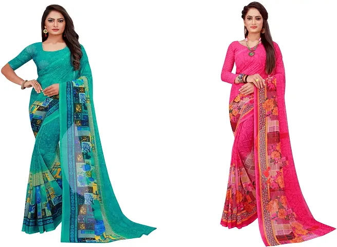 Stylish Fancy Georgette Saree With Blouse Piece Combo For Women Pack Of 2