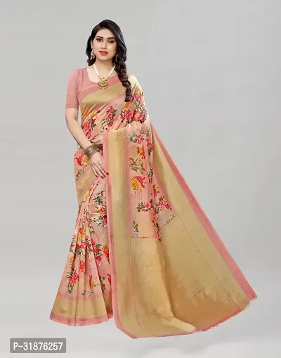 Stylish Peach Cotton Silk Saree With Blouse Piece For Women-thumb0