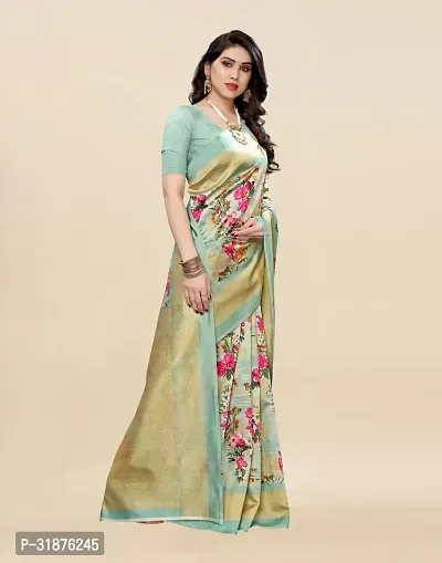 Stylish Turquoise Cotton Silk Saree With Blouse Piece For Women-thumb3