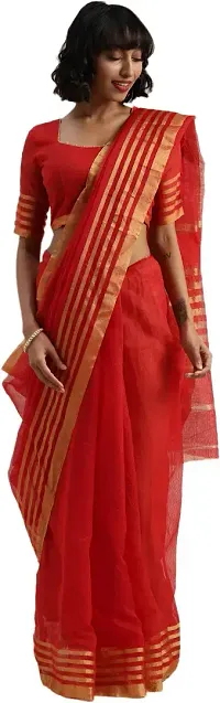 Stylish Red Cotton Silk Saree With Blouse Piece For Women-thumb2