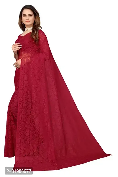 Stylish Maroon Net Saree With Blouse Piece For Women-thumb2