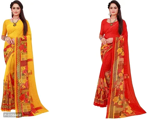 Stylish Georgette Multicoloured Printed Saree With Blouse Piece For Women Pack Of 2-thumb0