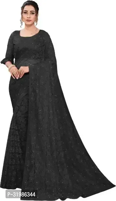 Stylish Black Net Saree With Blouse Piece For Women