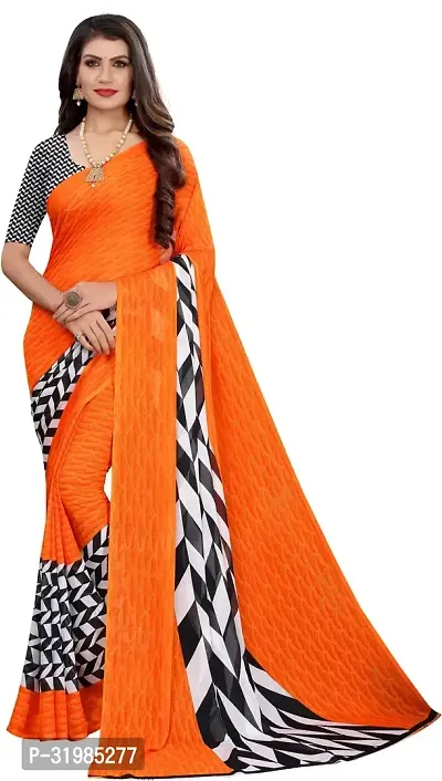 Stylish Orange Cotton Silk Saree With Blouse Piece For Women-thumb0