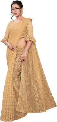 Stylish Beige Net Saree With Blouse Piece For Women-thumb2