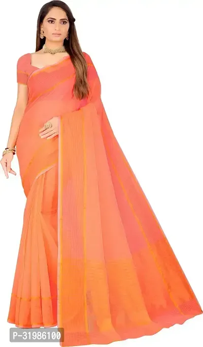 Stylish Orange Cotton Silk Saree With Blouse Piece For Women-thumb0