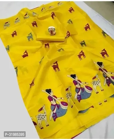 Stylish Yellow Cotton Silk Saree With Blouse Piece For Women-thumb0