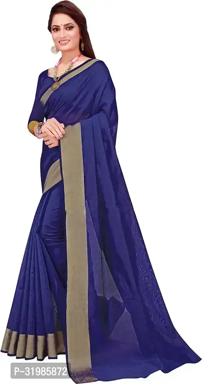 Stylish Blue Cotton Silk Saree With Blouse Piece For Women-thumb3