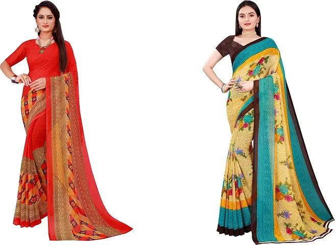 Stylish Georgette Multicoloured Daily Wear Saree With Blouse Piece For Women Pack Of 2