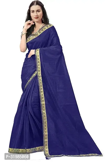 Stylish Navy Blue Cotton Silk Saree With Blouse Piece For Women-thumb0