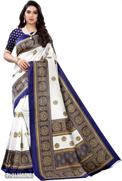 Stylish White Art Silk Saree With Blouse Piece For Women-thumb0