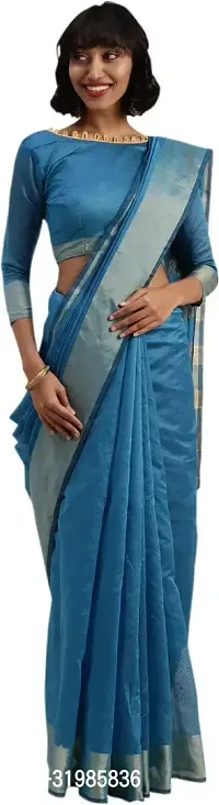 Stylish Blue Cotton Silk Saree With Blouse Piece For Women-thumb0