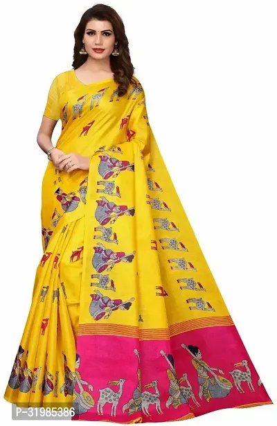 Stylish Yellow Cotton Silk Saree With Blouse Piece For Women-thumb0