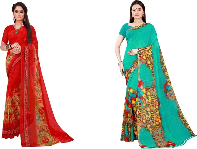 Stylish Fancy Georgette Saree With Blouse Piece Combo For Women Pack Of 2