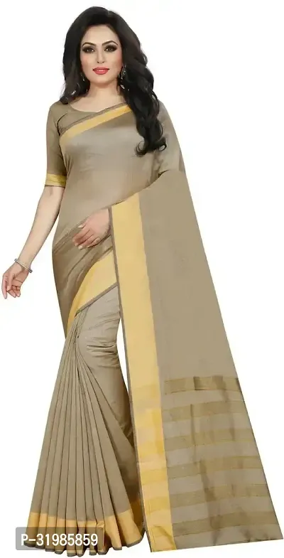 Stylish Beige Cotton Silk Saree With Blouse Piece For Women-thumb0