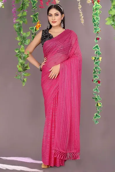 Chiffon Striped Sarees With Velvet Sequin Blouse Piece