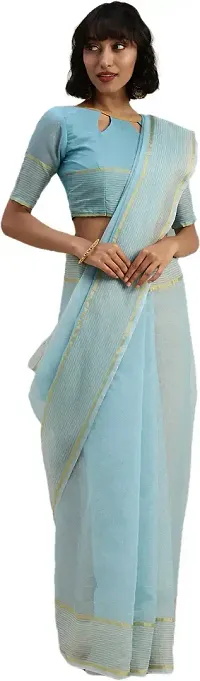 Stylish Turquoise Cotton Silk Saree With Blouse Piece For Women-thumb2