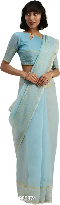 Stylish Turquoise Cotton Silk Saree With Blouse Piece For Women-thumb3