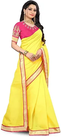 Stylish Yellow Cotton Silk Saree With Blouse Piece For Women-thumb4