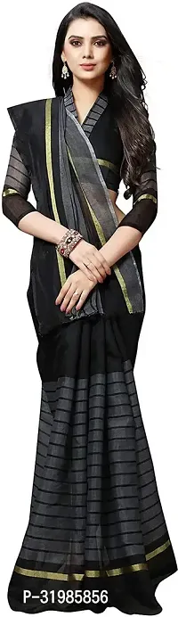 Stylish Black Cotton Silk Saree With Blouse Piece For Women-thumb0