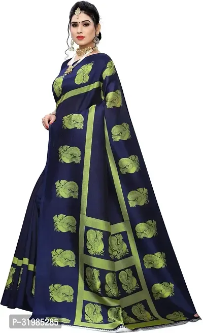 Stylish Navy Blue Cotton Silk Saree With Blouse Piece For Women-thumb2