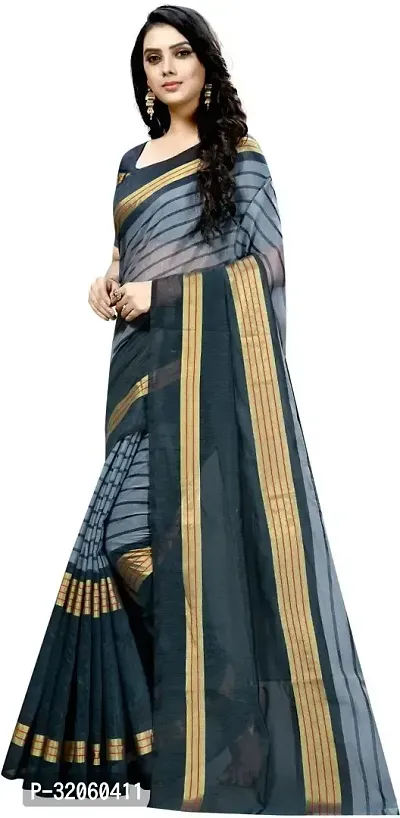 Stylish Cotton Silk Grey Striped Saree with Blouse piece For Women-thumb3