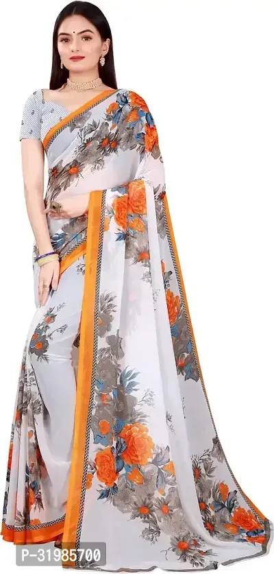 Stylish White Georgette Saree With Blouse Piece For Women-thumb0